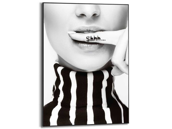 Poster REINDERS Ssshhh , schwarz-weiss (farbe bild(er): schwarz, weiß), B:50cm H:70cm T:1,6cm, Bilder, Poster, Home Office - Frau - Stille - Schwarz-Weiss - MDF - Menschen - 50x70 cm