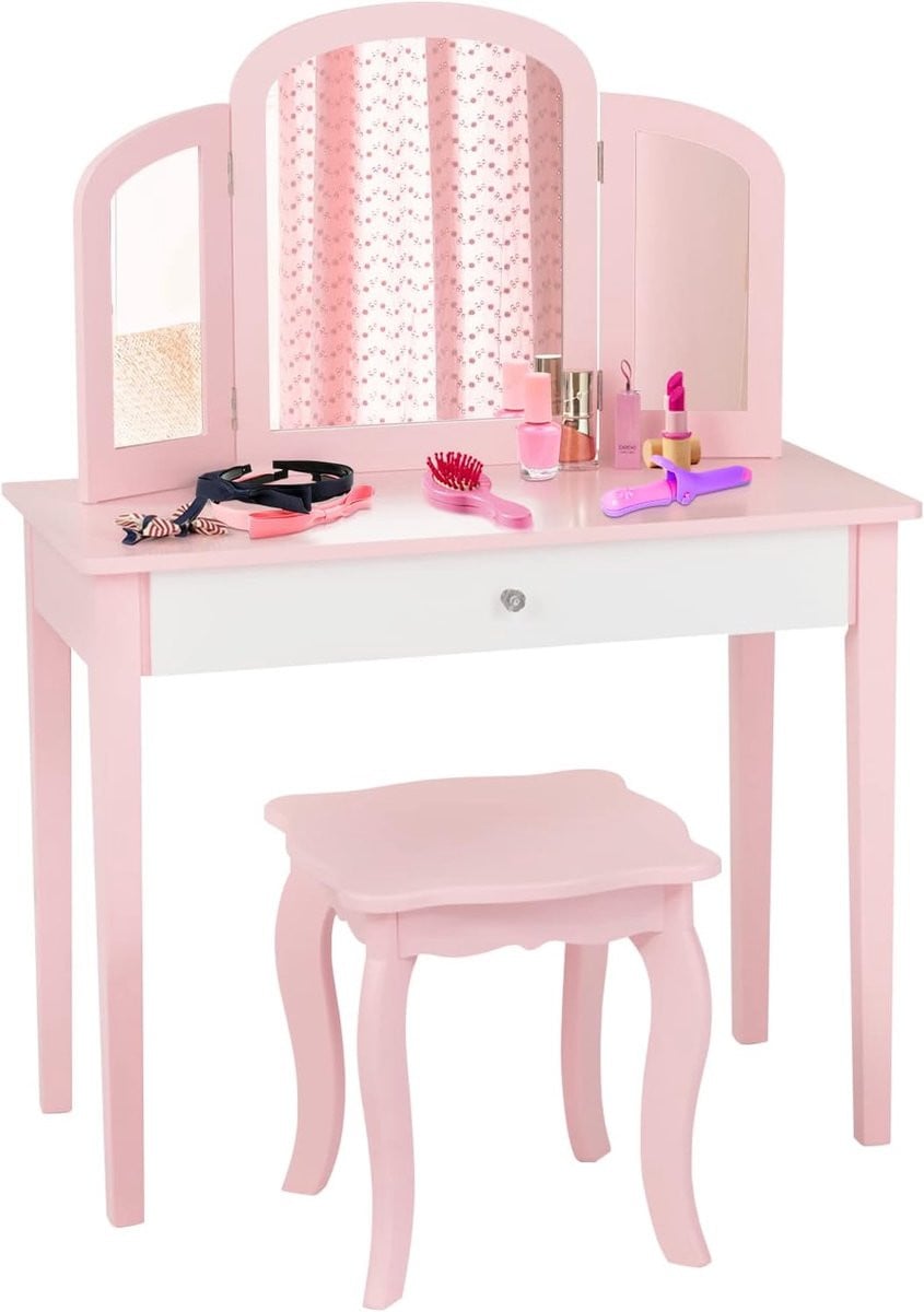 KOMFOTTEU 2-in-1 kindermake-uptafel en bureau met afneembare 3-voudige spiegel, lade en gevoerde kruk, hout