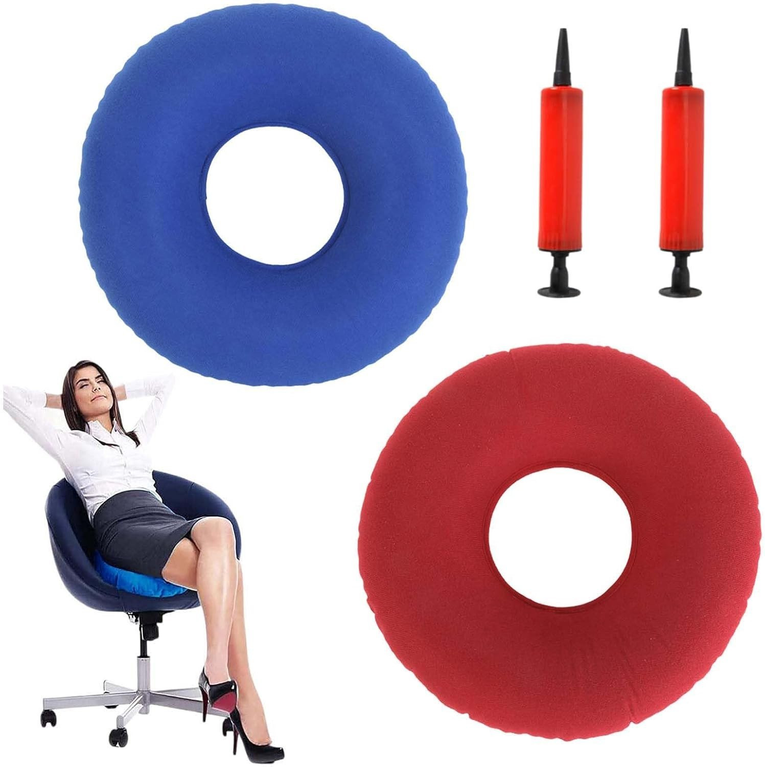 Orthopedisch Zittend Kussen voor Hemorrhoïden, Opblaasbare Ergonomische Ringkussen met Pomp, Blauw/Rood