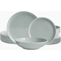 Echtwerk 12-teiliges Vintage Tafelservice "Nerea" Nature-Design, für 4 Personen, Pastellfarbenes Geschirrset aus Steingut mit 4 x Speiseteller, 4 x Beilagenteller, 4 x Suppenteller, Grau