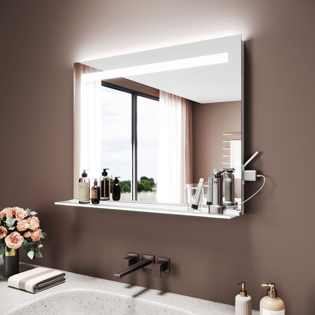 Ivy Bronx Aluminium Rectangle Wall Makeup / Shaving Mirror with Shelves White 65cm x 80cm