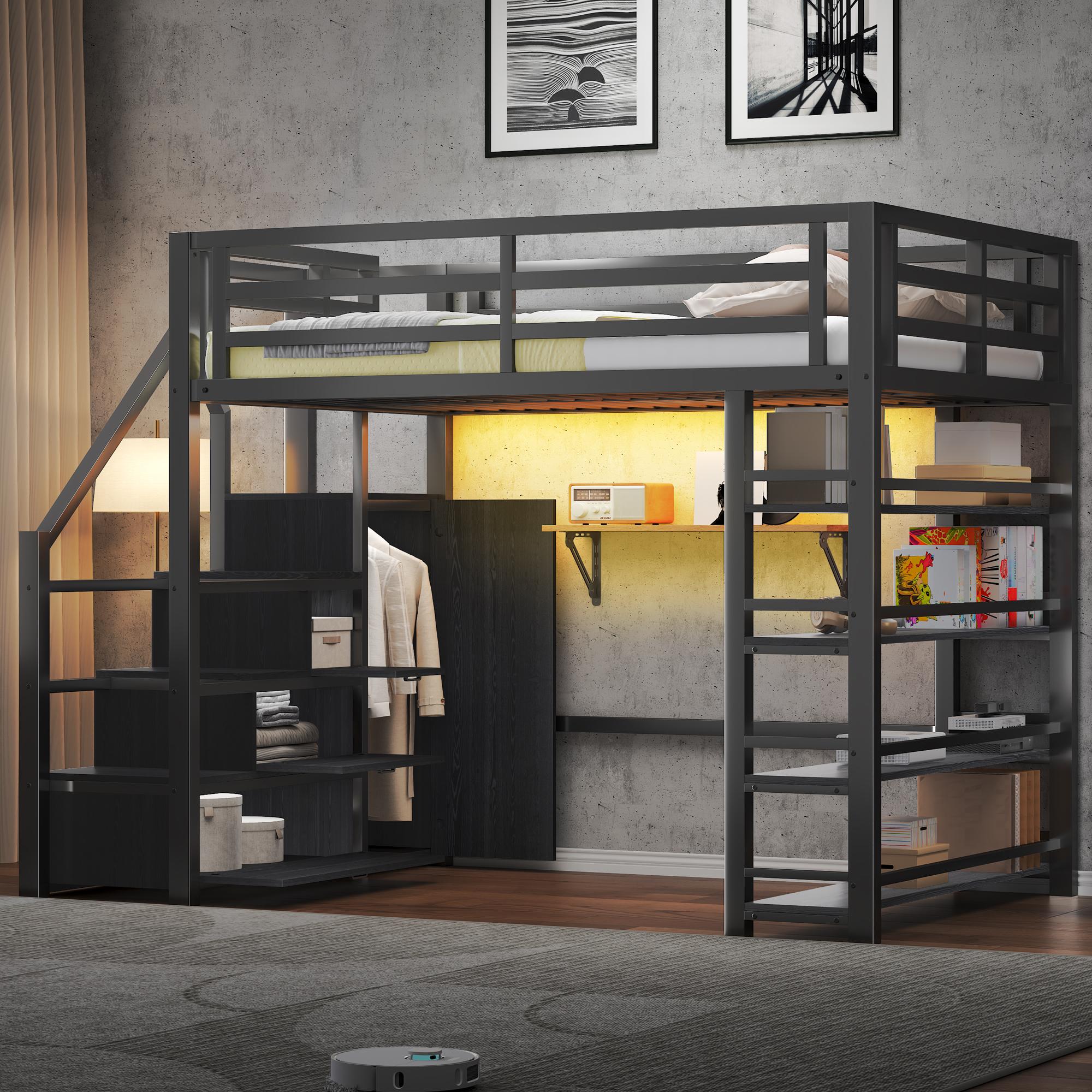 Merax Etagenbett 140x200 cm, Metall-Hochbett mit Ablagefächern, Kleiderschrank, LED-Beleuchtung, Treppe mit Stauraum, Kinderbett, Stockbett, Schwarz