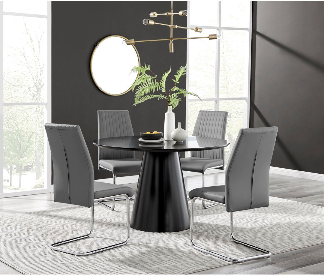 Canora Grey Edzard Statement Pedestal Round Dining Table Set & 4 Luxury Faux Leather Dining Chairs Black/Grey 4