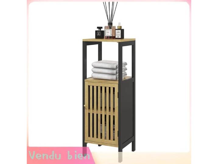 LIA Meuble bas salle bain bambou 1 porte niche noir/bois 32x30x90 5cm