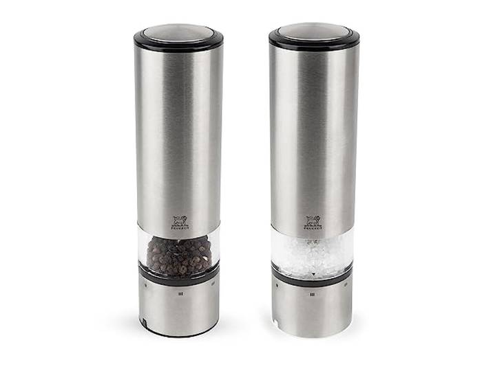PEUGEOT - Elektrische Pfeffermühle + Salzmühle Elis Sense u‘Select 20 cm + Pfeffer + Steinsalz + Tablett - 6 voreingestellte Mahlgrade - Aus Edelstahl