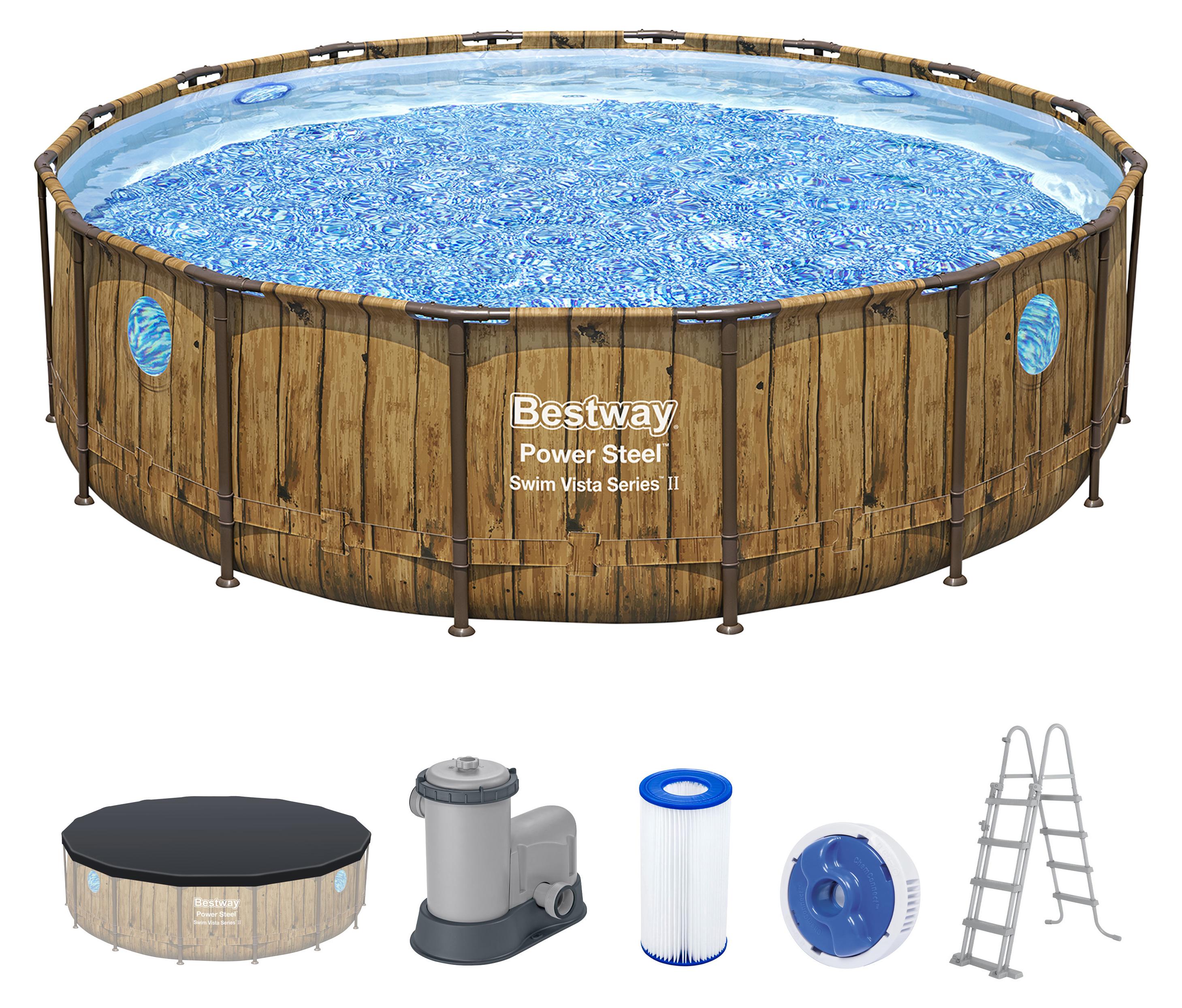 Bestway Power Steel Swim Vista Series Frame Pool Komplett-Set mit Filterpumpe Ø 488 x 122 cm, Holz-Optik (Pinie), rund