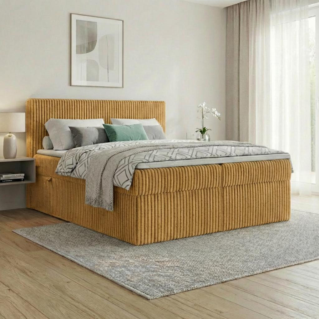 Mebloland Boxspringbed RALF Geel, 200 x 200 cm, met bedopslag en gestoffeerd hoofdeinde