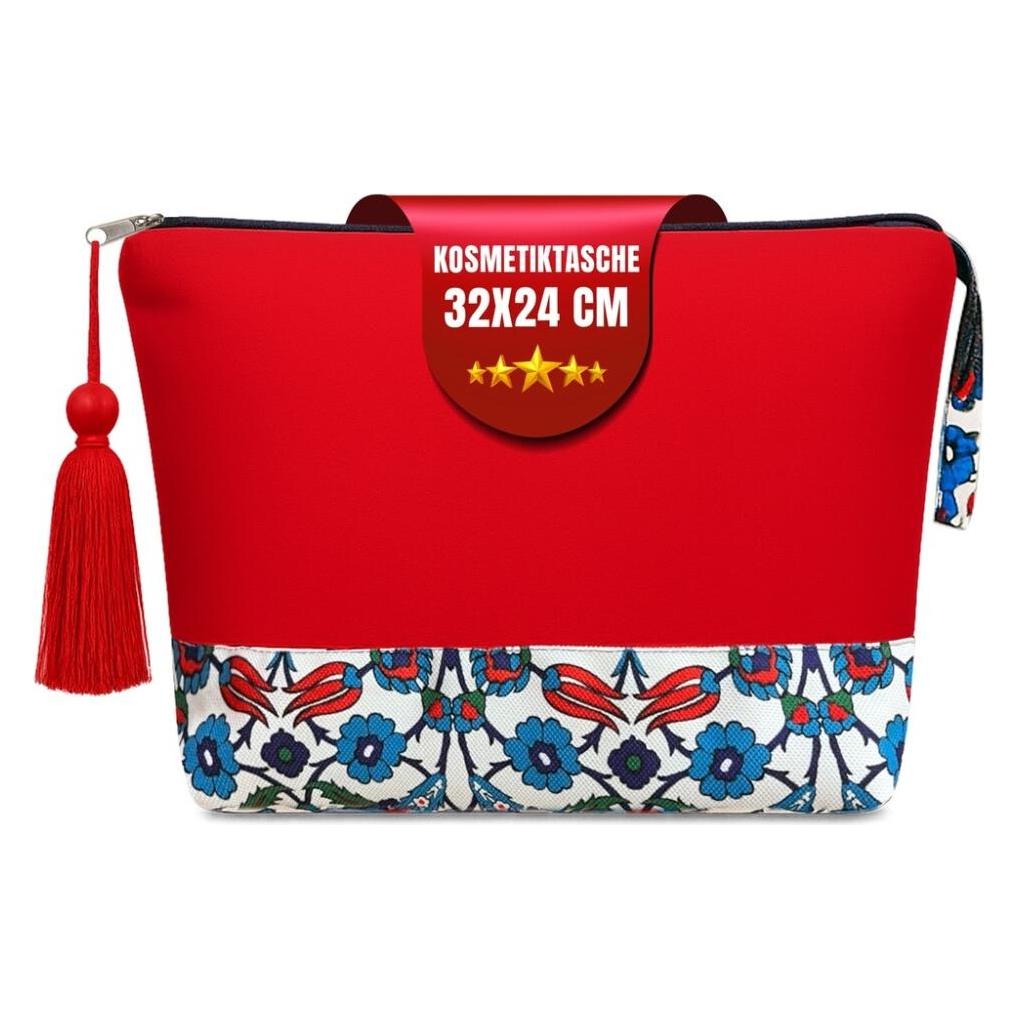 Atölye No:35 Kulturtasche Damen, Kosmetiktasche Rot, Ethnisches Muster, 32x24 cm (G-506808)