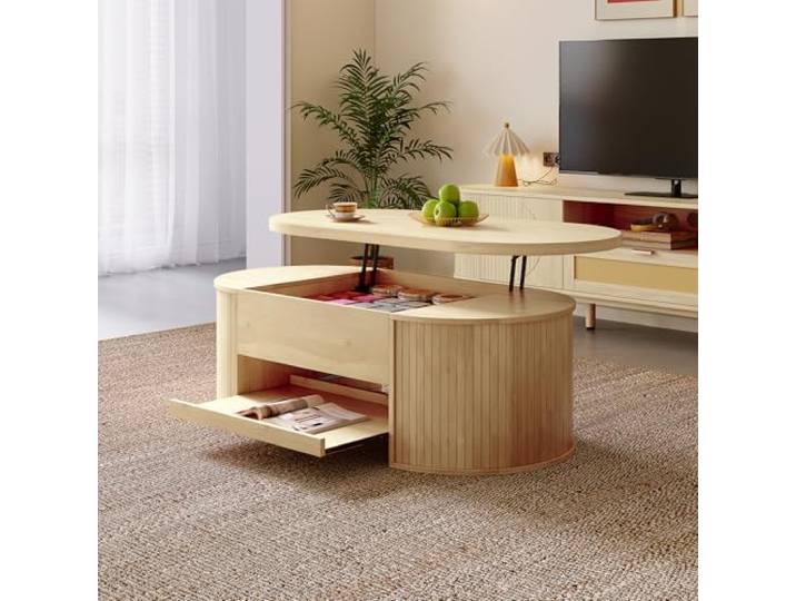 Merax Anhebbarer Couchtisch 110x55,5x40 cm, Höhenverstellbar mit Gebogenen Holzseiten, Ausziehbares Regal, Multifunktionales Wohnzimmermöbel, Stauraum für Snacks, Bücher, Elektronik, Holzfarbe