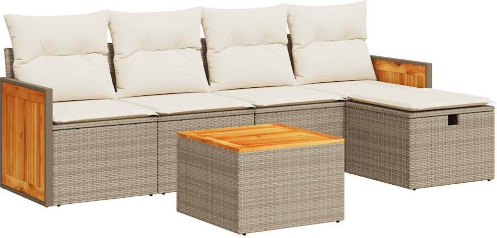 6-tlg. Garten-Lounge-Set, Poly Rattan Beige, mit Stauraum, wasserfesten Beuteln, Akazienholz-Tischplatte, Cremeweiße Kissen