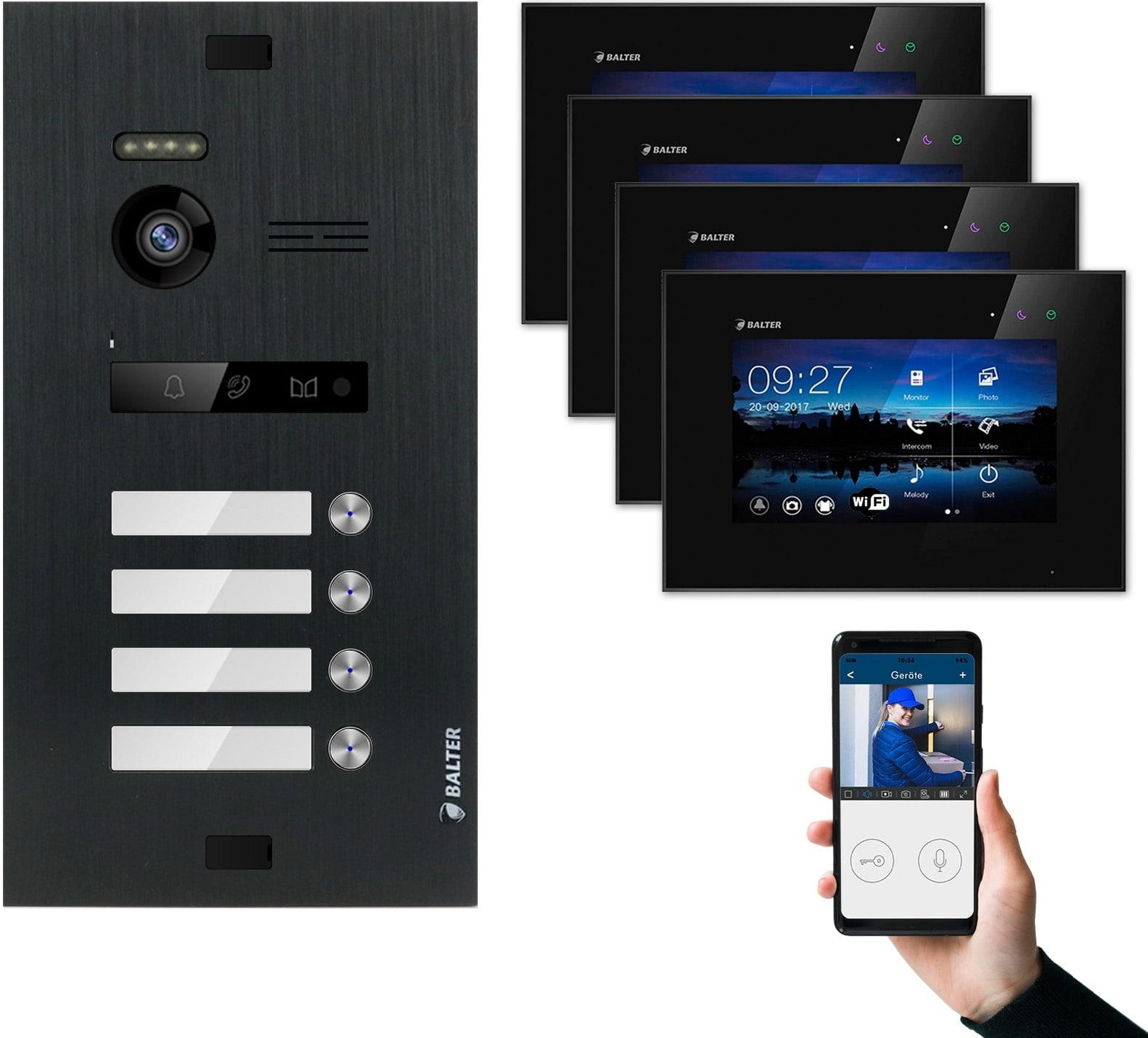 BALTER EVO Video Türsprechanlage Schwarz Set 2-Draht BUS 7" LCD-WiFi-Monitor für 4 Familienhaus