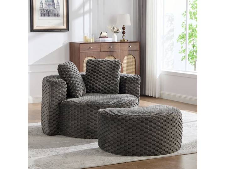 Fauteuil compressé rond 360° en tissu gris foncé avec repose-pieds