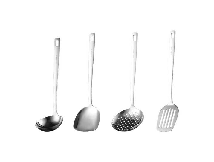 Maxcook Set de 4 ustensiles de cuisine en acier inoxydable, comprend spatule à wok, retourneur ajouré, louche à soupe, écumoire, ustensiles de cuisson à long manche avec trou de suspension, compatible lave-vaisselle pour wok et cuisine quotidienne MCCU156