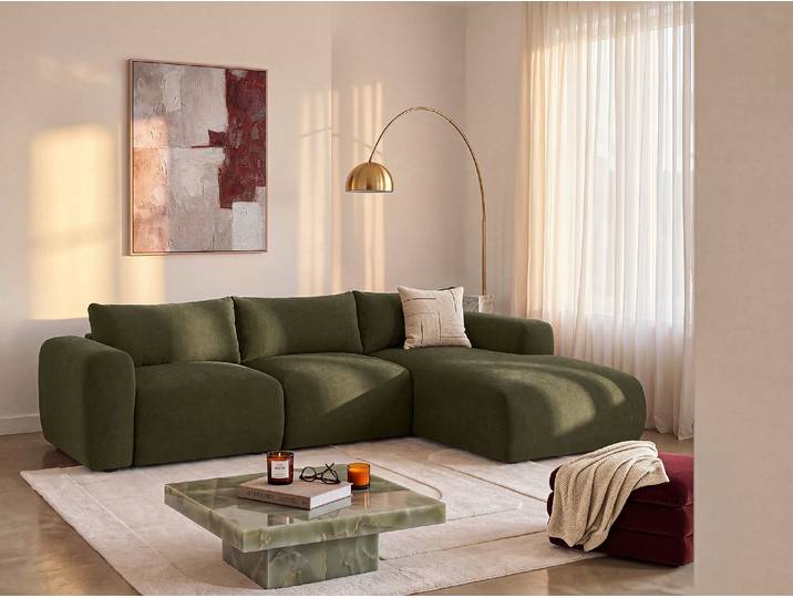 Ecksofa rechts aus Stoff in Khaki POLIRIA