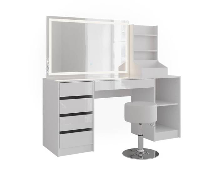 Coiffeuse Sherry 158.2cm avec miroir LED et tabouret Blanc/Blanc Haute brillance Vicco 57657