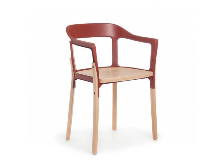 MAGIS chaise STEELWOOD CHAIR (Rouge brique - Hêtre naturel / acier verni)