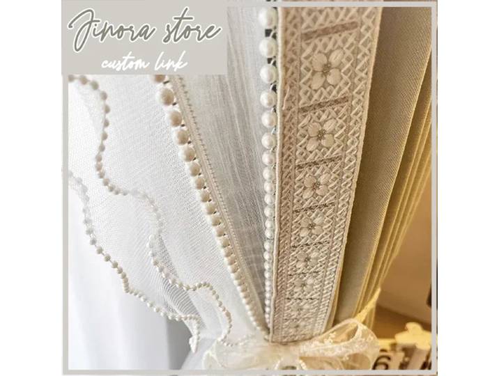 Rideaux occultants en chenille avec broderie rétro française vert matcha et dentelle perlée pour salon et chambre à coucher, tulle blanc, décoration élégante