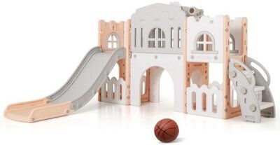 Costway All-in-1 Toddler Slide Playset Playground with Tunnel and Ladder and Basketball-Pink