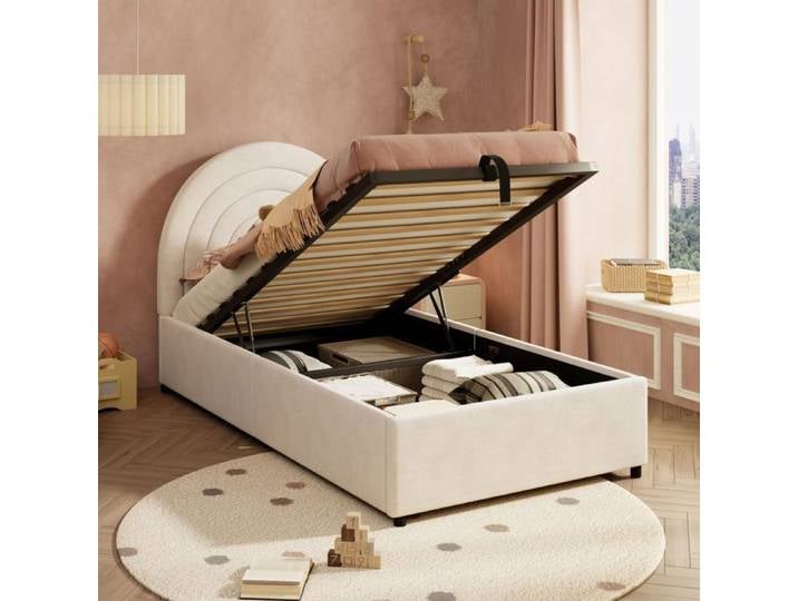 Lit enfant - SOGEU - Lit combiné enfant - 90x200 cm - Rangement hydraulique - Tête de lit rembourrée