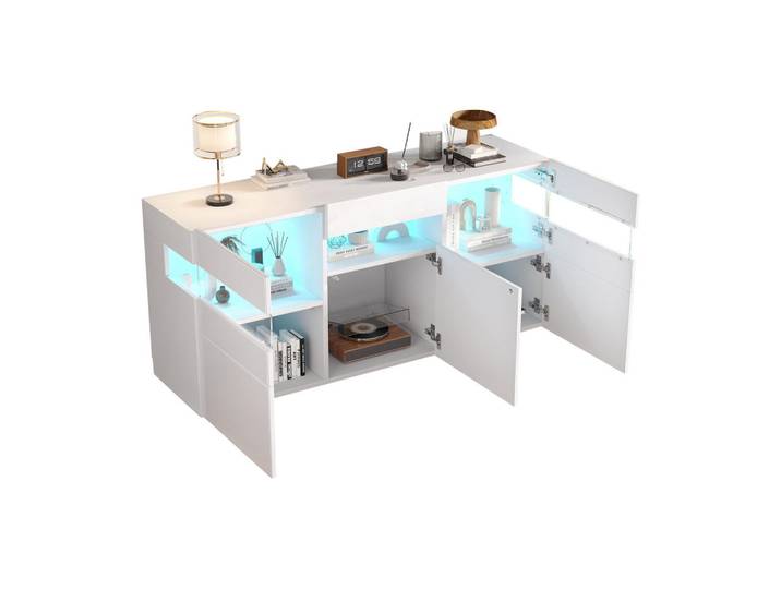Redom Sideboard 140/40,5/66,5 cm, 3 Türen, Hochglanz-Front und app-gesteuerte LED für Wohnzimmer，Weiß, Rechteckig, 140x66.5x40.5 cm, Kleinmöbel, Kommoden, Sideboards