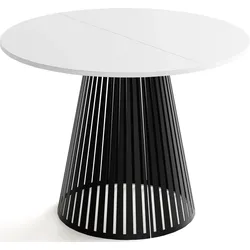 ESSTISCH Naro rund ausziehbar mit Schwarzem Lamellen-Metallgestell, Weiß 120-200/120/76 cm