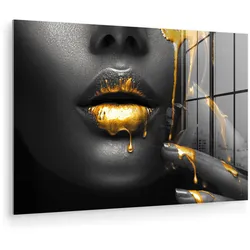 ACRYLGLASBILD Frau - Schwarz - Gold - Gesicht - Lippen Wandbild Schlafzimmer 120x80 cm