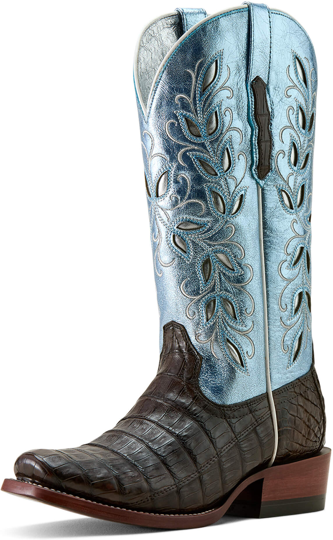 Women's Futurity Silk Narrow Cutter Toe Cowgirl Boots in Chocolate Espresso Caiman Angelic Blue, Size: 5.5 B / Medium by Ariat