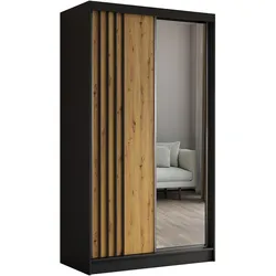 KLEIDERSCHRANK mit Spiegel-Schiebetüren und Aluminium-Leisten - NALLA - 120 cm Schwarz+Artisan+Schwarz