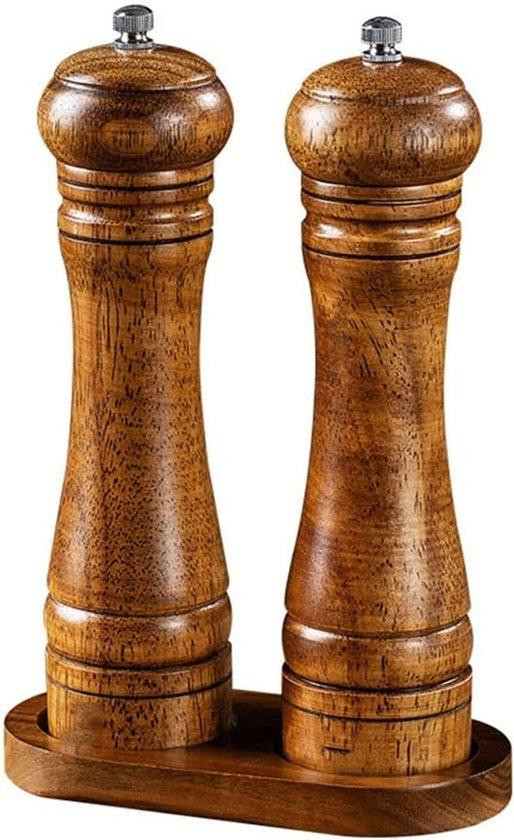 Houten zout- en pepermolenset met standaard in het bruin