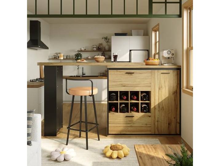 Ropilly Ausziehbarer Esstisch 138 bis 220 cm mit Stauraum für Küche Ausziehbar bis 220 cm, mit zwei Schubladen, Weinregal und offenem Regal für flexible Nutzung in Küche und Wohnzimmer