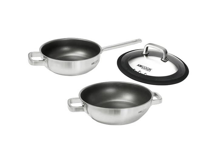 Am Cook Pfannenset Wokset - Senna S3 Plus, Schwarz, Edelstahl, Metall, 3-teilig, rund, mit Dampfablass,hitzebeständige Griffe, antihaftbeschichtet, Kochen, Pfannen, Pfannensets