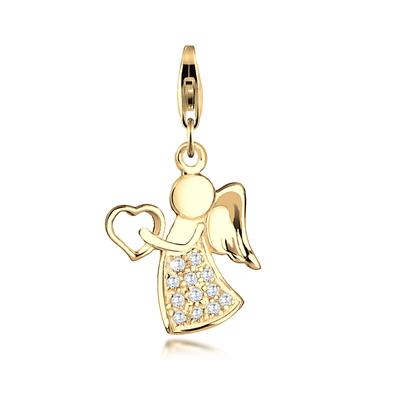 Charm-Einhänger NENALINA "Anhänger Engel Glücksbringer Zirkonia 925 Silber", gold, Charms, Damen, mit Steinen, Silber 925 (Sterlingsilber)