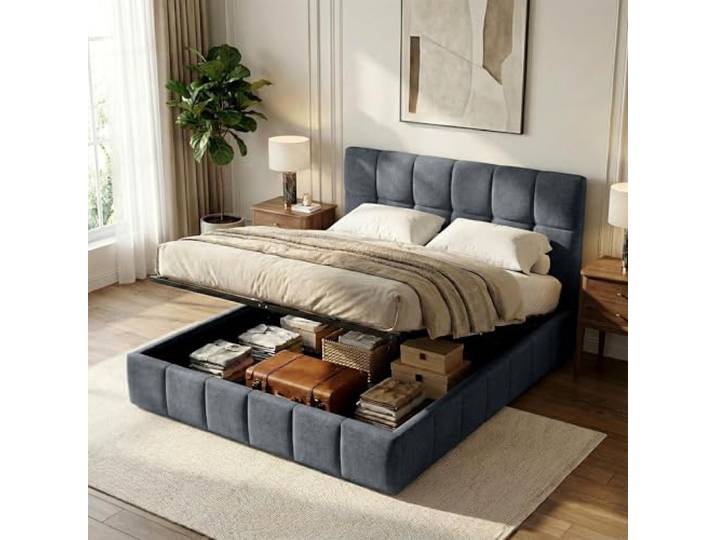 CLP Polsterbett mit Stauraum Ladia, Bettgestell für Matratzen, Lattenrost mit Lift-Mechanismus, Doppelbett mit Stoffbezug, bis 300 kg, Farbe: dunkelgrau, Größe: 160 cm