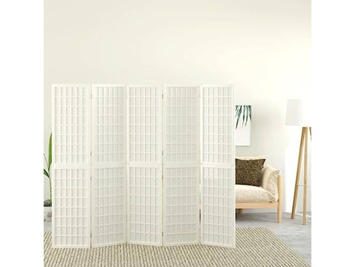 NLQMSU Faltbare Trennwand, 5 Paneele, 200 x 170 cm, Weiß, Tannenholz Japanischer Paravent, Reispapier, Raumteiler, modernes Interieur, einfache Montage