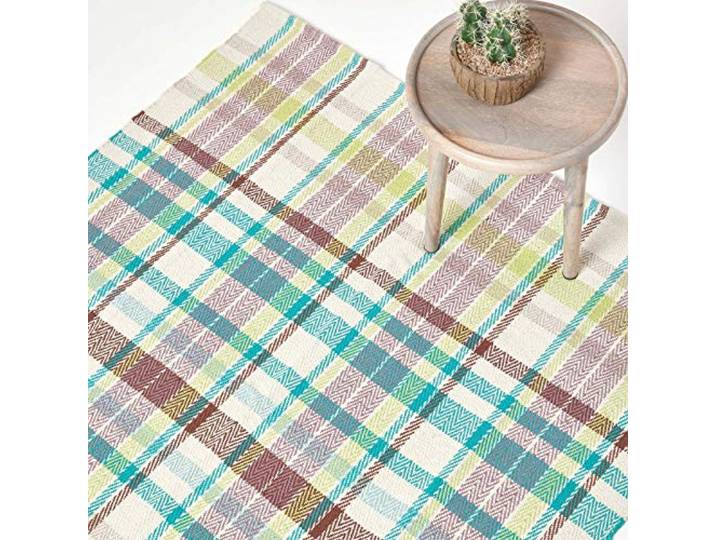 Homescapes Teppich Wilson mit traditionellem Tartan-Muster aus Schottland, 100% Baumwolle, handgewebter Baumwollteppich mit Chevron-Webart 120 x 170 cm, braun-gelb-blau Schottenkaro