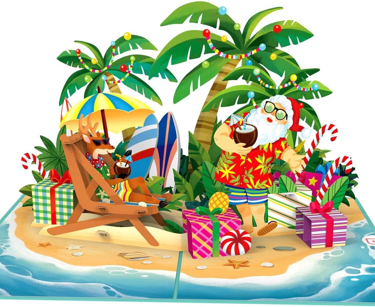 Kerstkaart Pop-up Kerstman op Strand