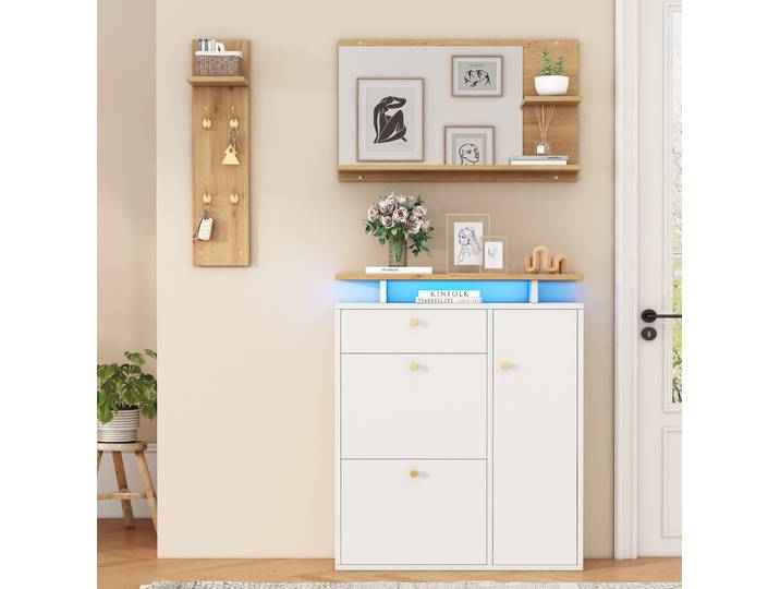 Meubliv Meuble D'Entrée 3 Pièces Blanc – Miroir\, Led Et Rangement Chaussures