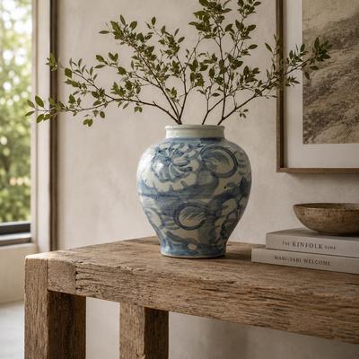 Artissance "Approx. 10"" High Blue and White Jar with Flower Motif"