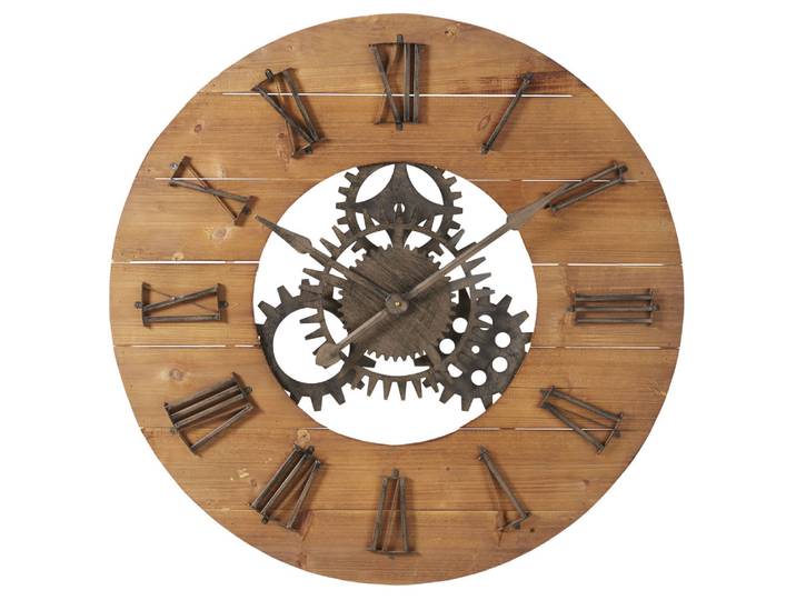 Wanduhr mit Zahnrädern aus Tannenholz und schwarzem Stahl, D90 cm