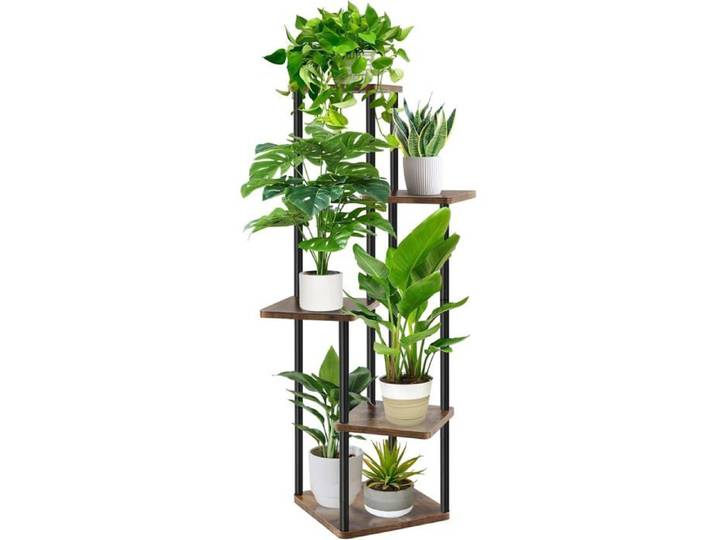 Étagère à plantes 5 niveaux bois massif et métal noir 106 cm 30 x 30 cm intérieur salon balcon terrasse jardin finition MDF