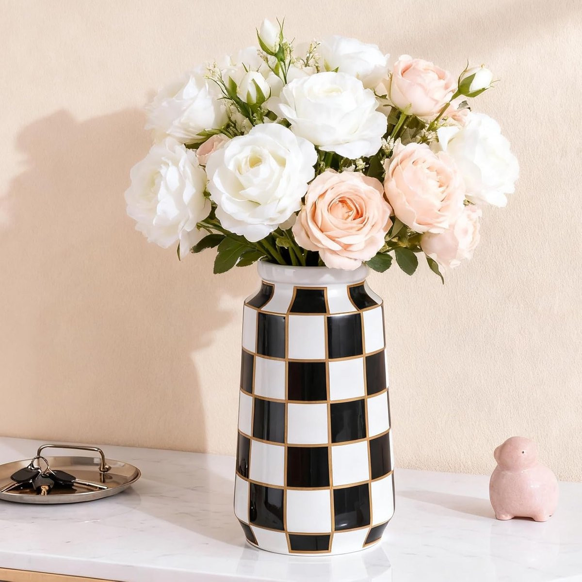 SnelShoppen Keramisch Vaasje Black and White - Modern en Minimalistisch Decoratief Vaasje voor Bloemen en Pampasgras