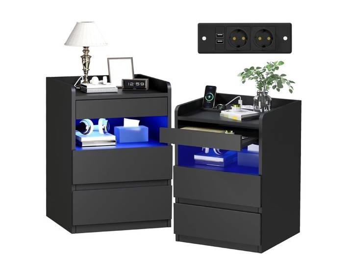 BEWIS Table de Chevet Lot de 2 avec LED Chevet de Lit Moderne Noir Noir Noir CHEVET