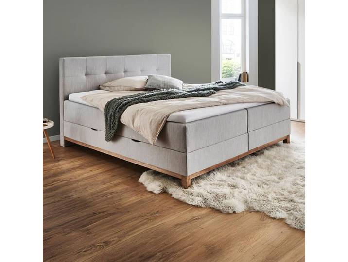 Boxspringbett Alamea Webstoff mit Bettkasten 140x200cm Bonellfederkern-Box Härtegrad: H3 Massivholz Eiche Hellgrau