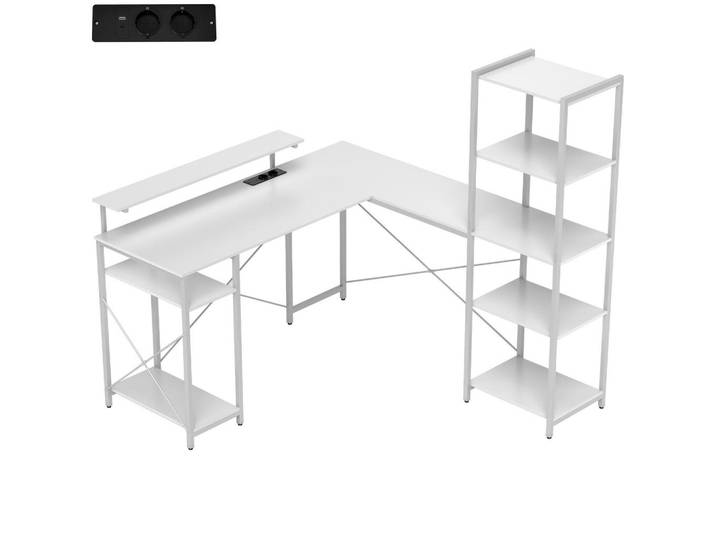 Homcom Eckschreibtisch Spanplatte Metall Weiß, Kunststoff, 140x139.5x137 cm, Büromöbel, Schreibtische, Computertisch
