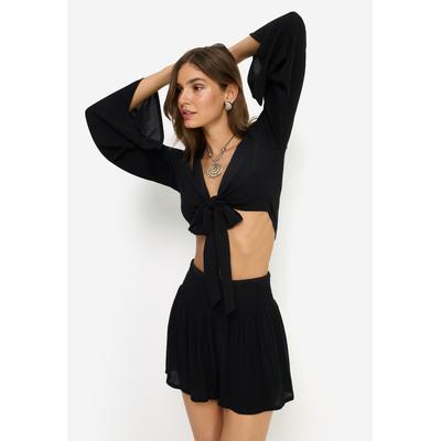 Crepebluse LSCN BY LASCANA, Damen, Gr. 42, schwarz, Crêpe, Obermaterial: 100% Viskose, unifarben, figurumspielend bauchfrei, tiefer V-Ausschnitt, Blusen, und Shorts