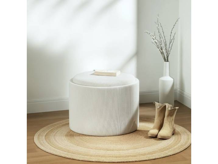 Pouf de rangement avec couvercle repose-pieds rond pouf capitonné table basse aspect velours côtelé 56 x 56 x 42 cm blanc crème
