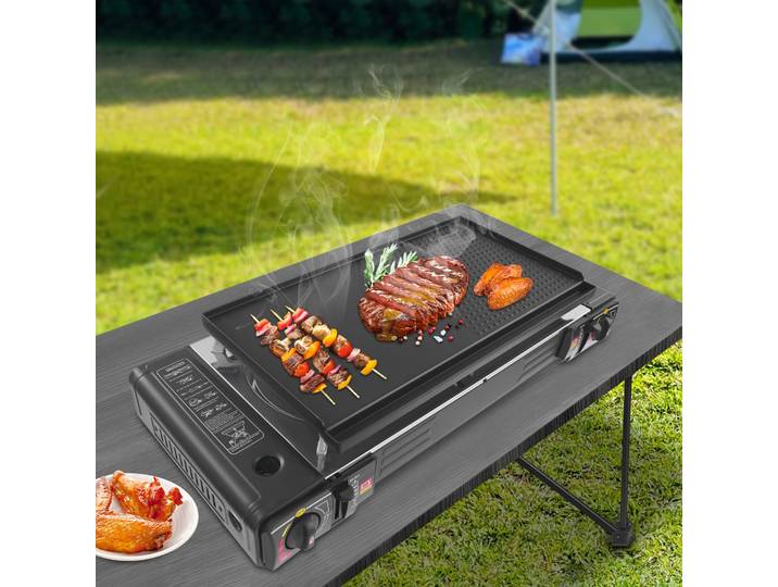 Cuisinière à gaz 2 en 1 2 brûleurs avec plaque de gril, cuisinière à gaz de camping avec plaque chauffante + gril, cuisinière de camping pour voyage, cuisine en plein air