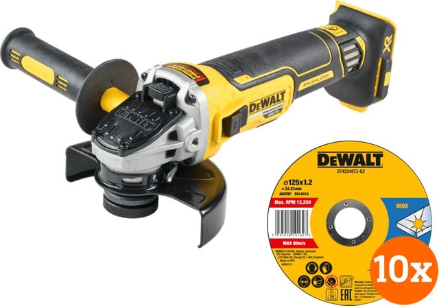 DeWalt DCG405NT-XJ slijpmachine zonder accu met 10 stuks DeWalt INOX doorslijpschijven 125x1x22,2mm