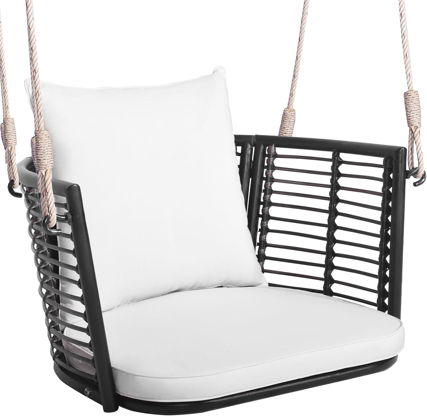 COSTWAY Hängesessel Rattan, bis 180kg belastbar, Hängesitz mit Kissens & Metallrahmen & Hängeseilen, Hängestuhl Schaukelstuhl Schaukel, Schaukelsessel für Veranda Garten Hinterhof (Weiß)