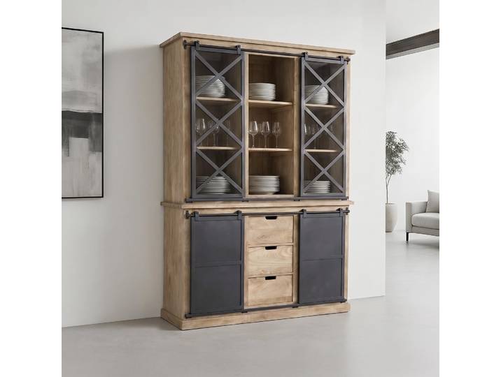 Vaisselier en bois massif de style industriel 140 cm - Detroit